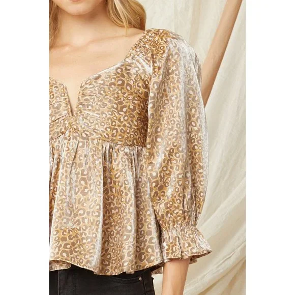 Entro Leopard Iridescent Babydoll Top, Camel - Picture 5 of 6